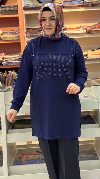 Yanları Yırtmaçlı Pul Detaylı Tunik Lacivert/1832