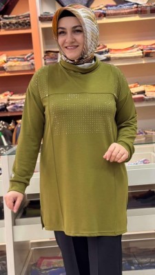 Yanları Yırtmaçlı Pul Detaylı Tunik Yeşil/1832 - Thumbnail