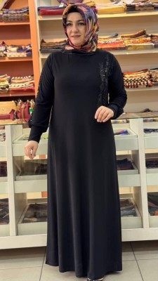 Yaprak Detaylı Elbise Siyah / 9064 - Thumbnail