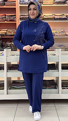 Yaprak Detaylı Pantolonlu Takım İndigo/5021 - Thumbnail