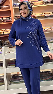 Yaprak Detaylı Pantolonlu Takım İndigo/5021 - Thumbnail