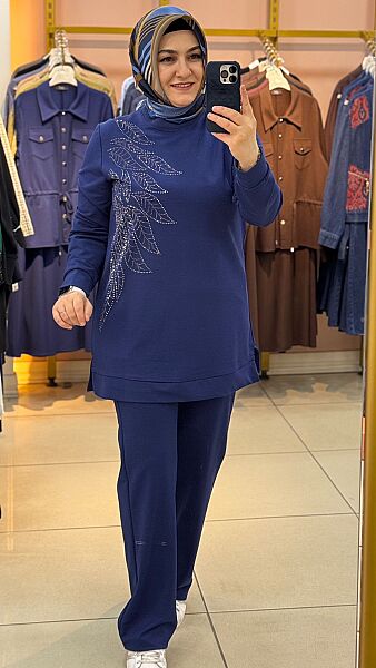 Yaprak Detaylı Pantolonlu Takım İndigo/5021 