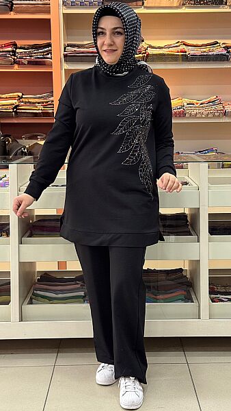 Yaprak Detaylı Pantolonlu Takım Siyah/5021