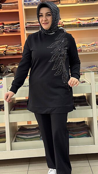Yaprak Detaylı Pantolonlu Takım Siyah/5021