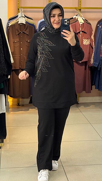 Yaprak Detaylı Pantolonlu Takım Siyah/5021
