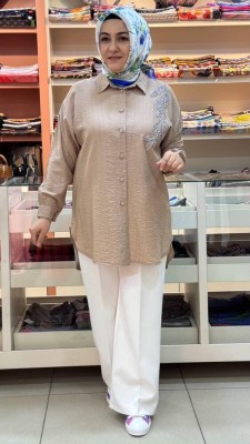  - Yaprak Taş Detaylı Çilek Kumaş Gömlek Tunik Bej/7455