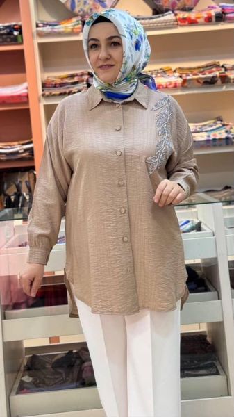 Yaprak Taş Detaylı Çilek Kumaş Gömlek Tunik Bej/7455
