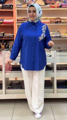  - Yaprak Taş Detaylı Çilek Kumaş Gömlek Tunik Saks/7455