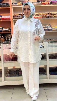  - Yaprak Taş Detaylı Çilek Kumaş Gömlek Tunik Ekru/7455