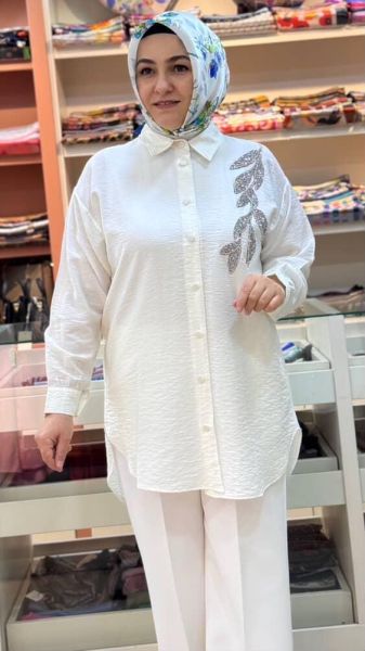 Yaprak Taş Detaylı Çilek Kumaş Gömlek Tunik Ekru/7455