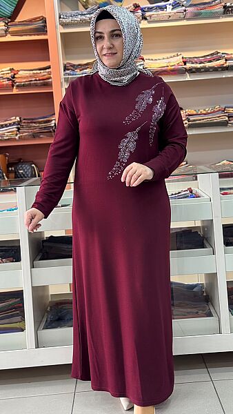 Yaprak Taş Detaylı Penye Elbise Bordo / 5282
