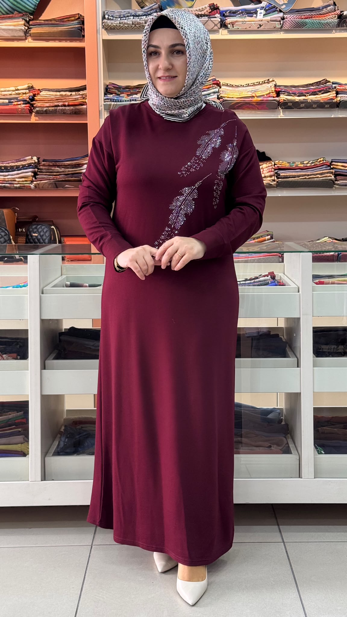 İZEL - Yaprak Taş Detaylı Penye Elbise Bordo / 5282