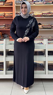 İZEL - Yaprak Taş Detaylı Penye Elbise Siyah / 5282