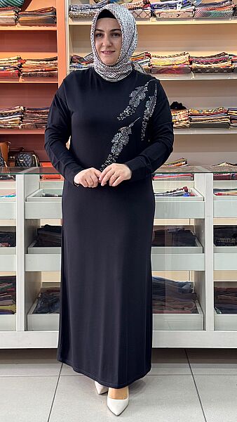 Yaprak Taş Detaylı Penye Elbise Siyah / 5282