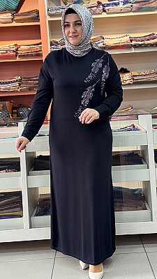 Yaprak Taş Detaylı Penye Elbise Siyah / 5282 - Thumbnail