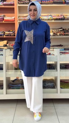 Puane - Yarım Yıldızlı Çilek Kumaş Tunik Lacivert/10699
