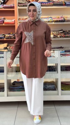 Puane - Yarım Yıldızlı Çilek Kumaş Tunik Kahve/10699