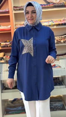 Yarım Yıldızlı Çilek Kumaş Tunik Lacivert/10699 - Thumbnail