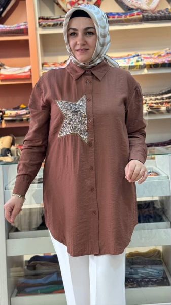 Yarım Yıldızlı Çilek Kumaş Tunik Kahve/10699