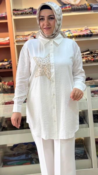 Yarım Yıldızlı Çilek Kumaş Tunik Ekru/10699