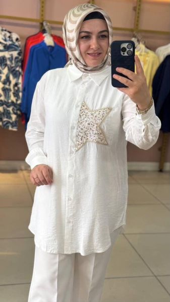 Yarım Yıldızlı Çilek Kumaş Tunik Ekru/10699