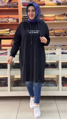 Yazılı Kapşonlu Tunik Siyah/251345 - Thumbnail