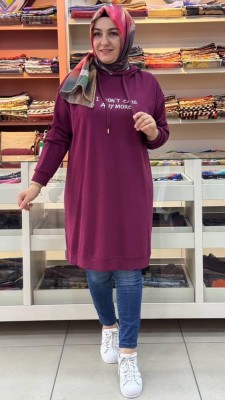 Yazılı Kapşonlu Tunik Bordo/251345 - Thumbnail