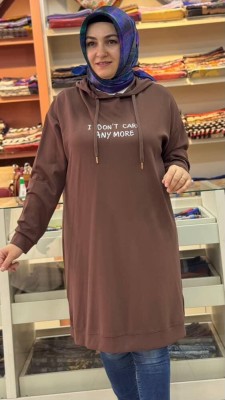 Yazılı Kapşonlu Tunik Kahve/251345 - Thumbnail