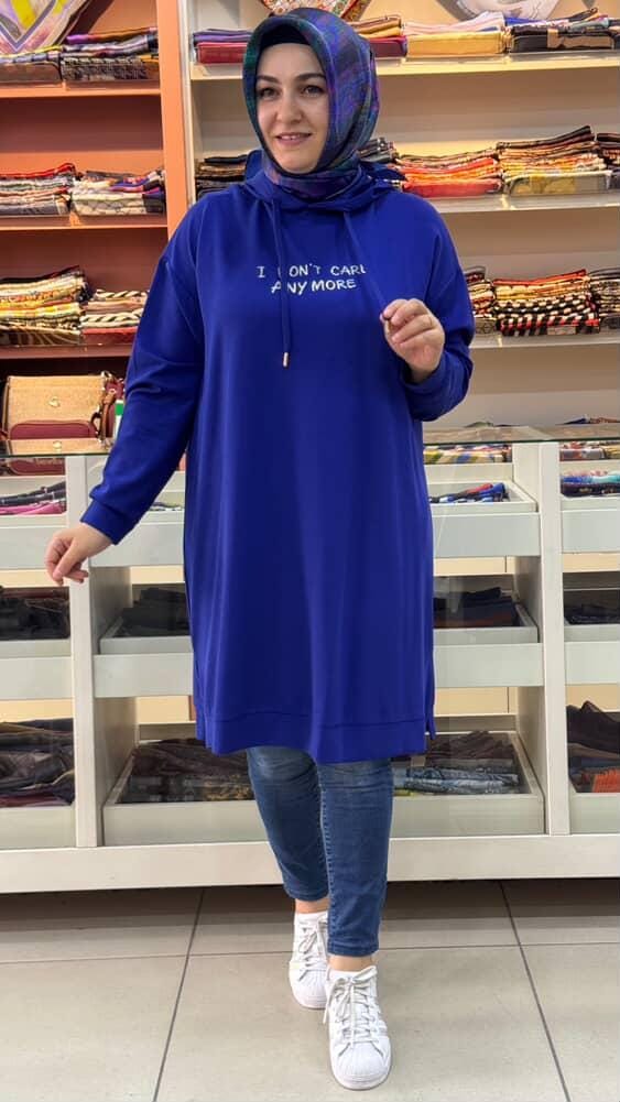 Kado - Yazılı Kapşonlu Tunik Saks/251345