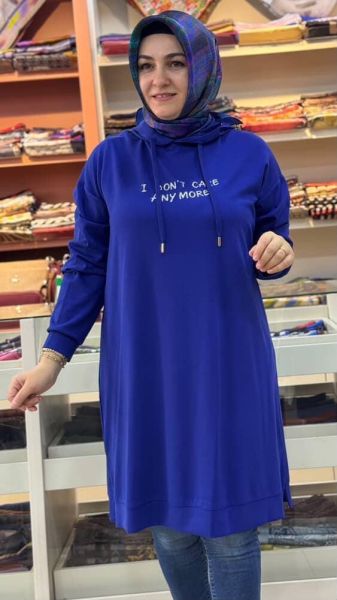 Yazılı Kapşonlu Tunik Saks/251345