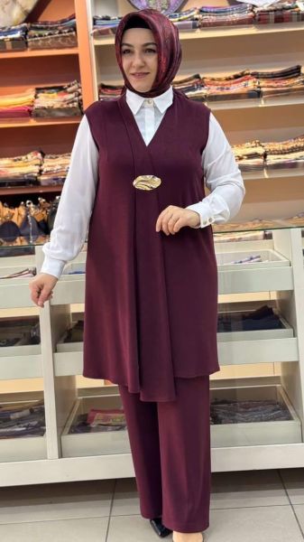 Yeleği Broş Detaylı Takım Bordo/27174