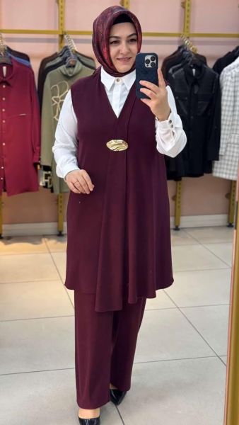 Yeleği Broş Detaylı Takım Bordo/27174