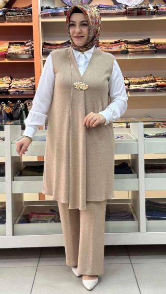 Yeleği Broş Detaylı Takım Vizon/27174