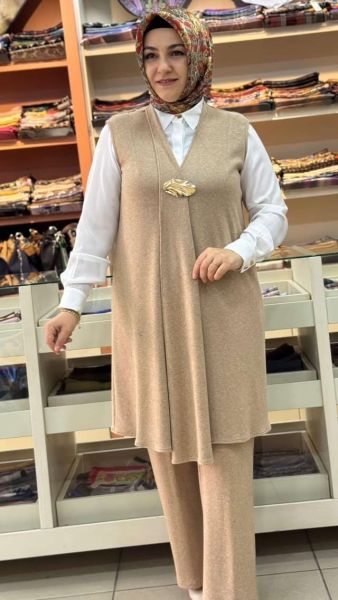 Yeleği Broş Detaylı Takım Vizon/27174