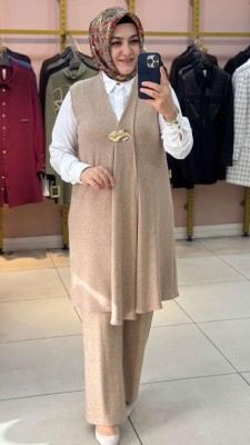 Yeleği Broş Detaylı Takım Vizon/27174 - Thumbnail