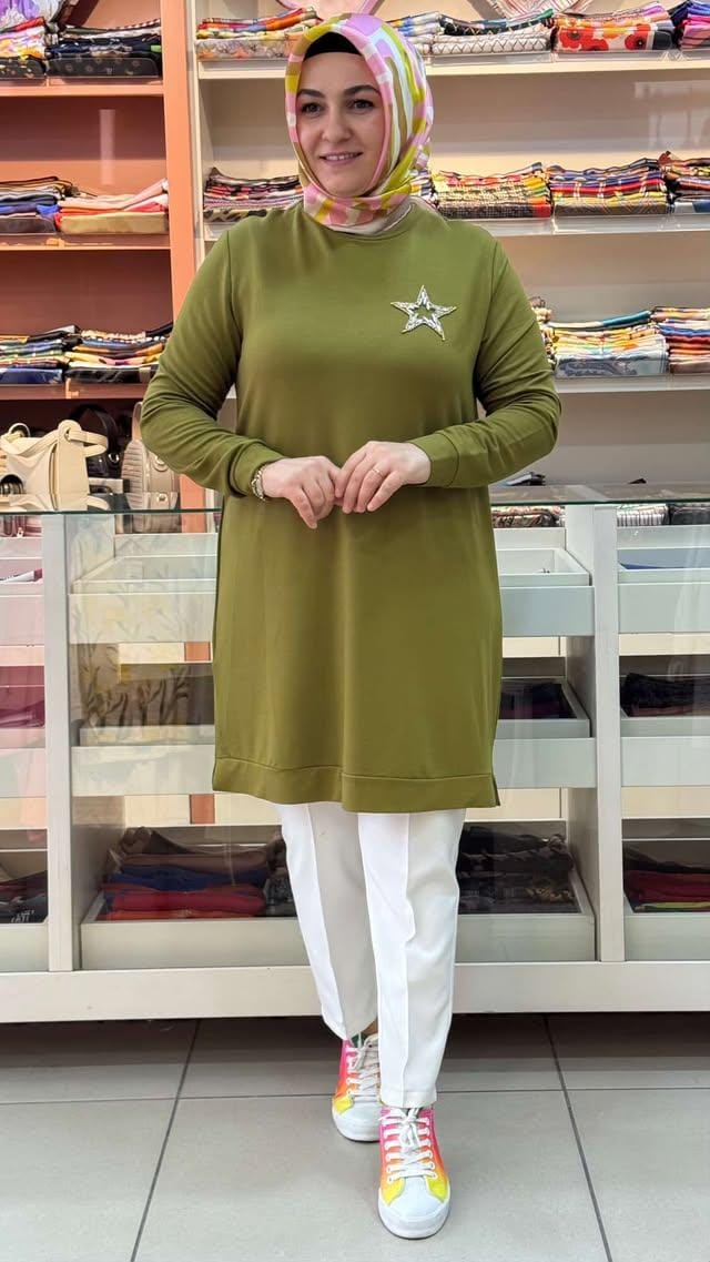 Kado - Yıldız Detaylı Tunik Yağ Yeşili/9700