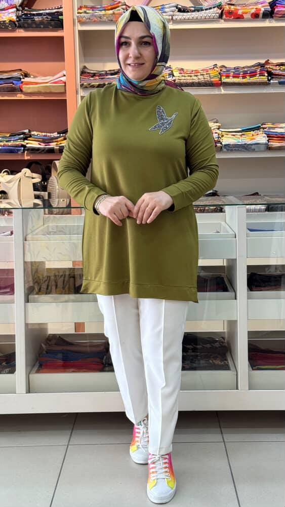 Kado - Yusufçuk Taşlı Tunik Yağ Yeşili/9707