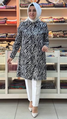 Livza - Zebra Desenli Kırçıllı Tunik Siyah/9082