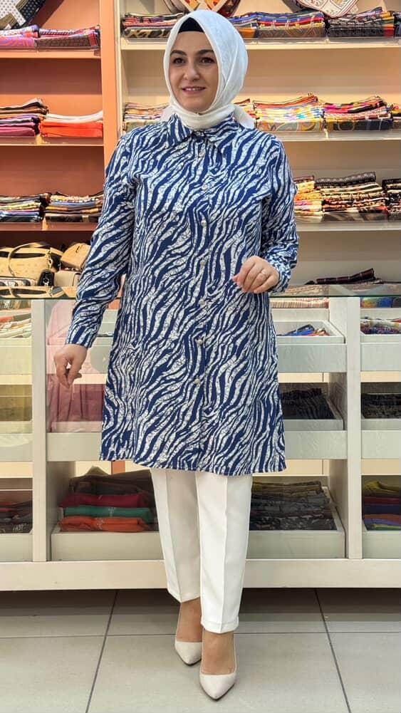 Livza - Zebra Desenli Kırçıllı Tunik Mavi/9082
