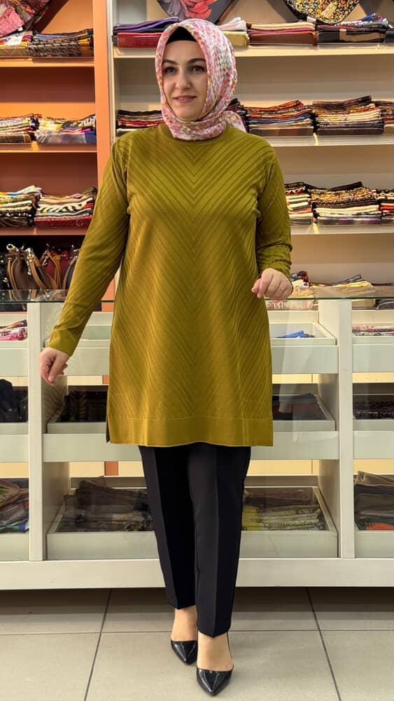  - Zikzak Desen Merserize Triko Tunik Hardal/1837