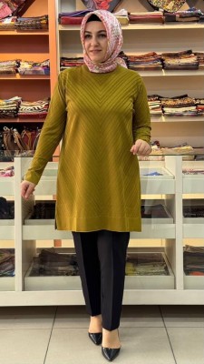  - Zikzak Desen Merserize Triko Tunik Hardal/1837