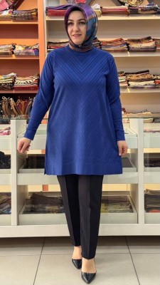  - Zikzak Desen Merserize Triko Tunik Saks/1837