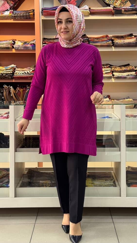  - Zikzak Desen Merserize Triko Tunik Fuşya/1837