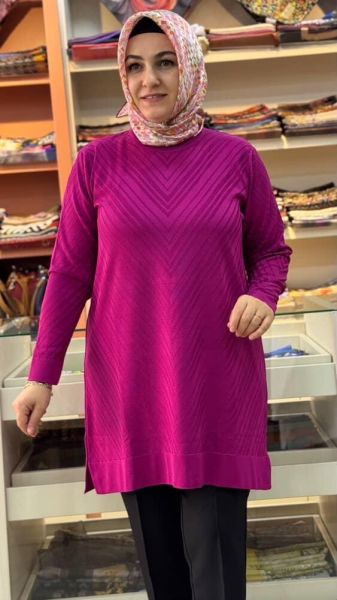 Zikzak Desen Merserize Triko Tunik Fuşya/1837