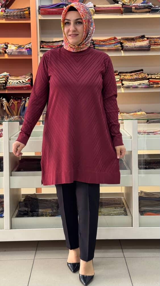  - Zikzak Desen Merserize Triko Tunik Bordo/1837