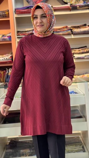 Zikzak Desen Merserize Triko Tunik Bordo/1837