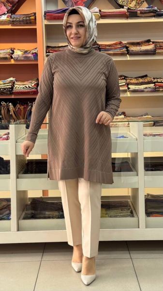 Zikzak Desen Merserize Triko Tunik Vizon/1837