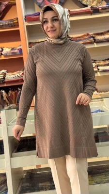 Zikzak Desen Merserize Triko Tunik Vizon/1837 - Thumbnail