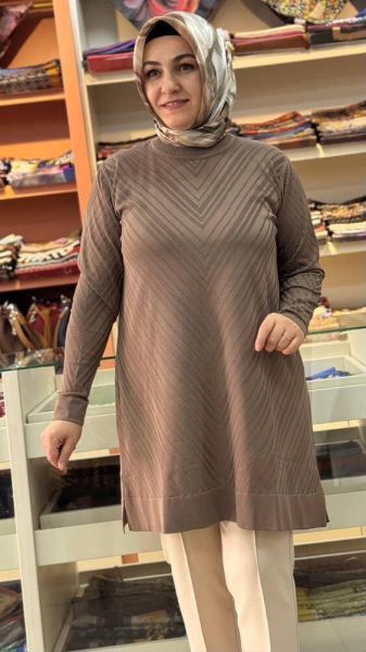 Zikzak Desen Merserize Triko Tunik Vizon/1837