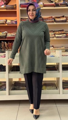 Zikzak Desen Merserize Triko Tunik Haki/1837 - Thumbnail